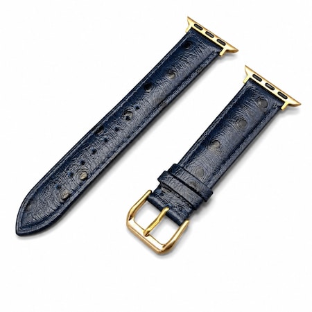 Elegani Ostrich-Embossed Leather Band Compatible with Apple Watch 46mm, Dark Blue, Silver Buckle LAT3-DBLU-SLV-46