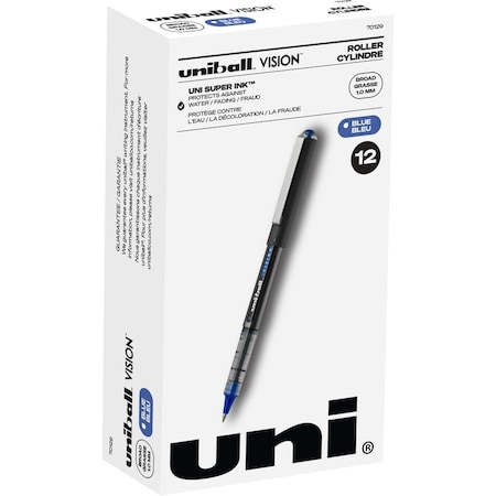 Uniball TM Vision Rollerball Pen, 1 mm Broad Pen Point, Blue Ink, Black, Blue Barrel, 1 Dozen, 12PK 70129