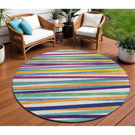 Homeroots 8' Blue Green And Copper Round Striped Washable Indoor Outdoor Area Rug 597369