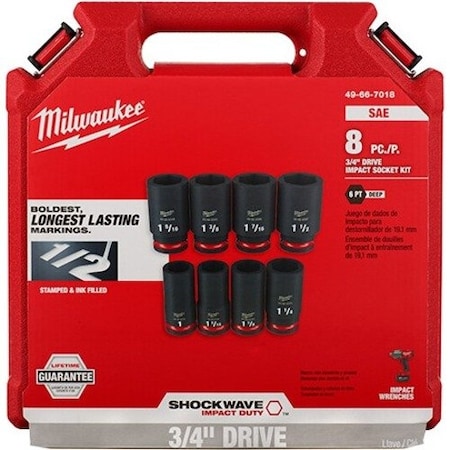 Milwaukee Tool 8PC SHOCKWAVE Impact Duty 3/4" Drive SAE Deep 6-Point Socket Set 49-66-7018