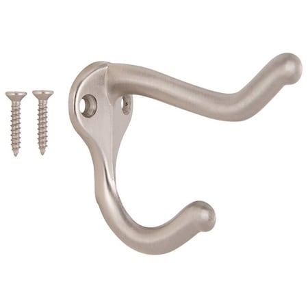 Prosource Coat and Hat Hook, 22 lb, 2-Hook, 1 in Opening, Zinc, Satin Nickel H62-B073