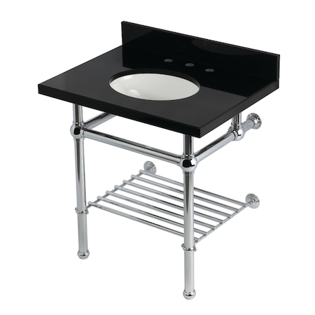 Kingston Brass 30-Inch Black Granite Console Sink with Brass Legs and Shelf, 8-Inch, 3-Hole KVPK3030KBB1