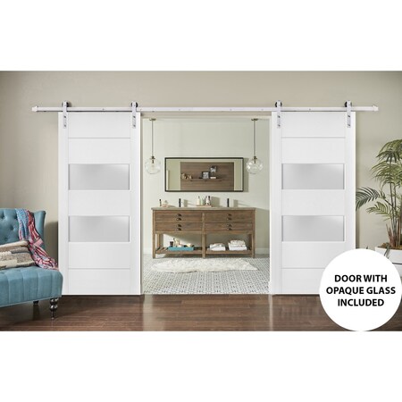 Sartodoors Sturdy Double Barn Door with 2 lites, Lucia 4010 White Silk with Frosted Glass, 13FT Steinless Stee LUCIA4010DB-S-WS-36