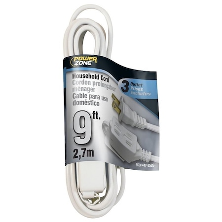 Powerzone SPT-2 Extension Cord, 16 AWG, Indoor, 16/2, 3 Outlets, White, 9 ft OR660609