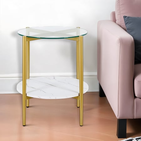 Homeroots 22" Gold And Clear Glass And Steel Round End Table With Shelf 544164