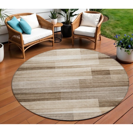 Homeroots 8' Brown And Ivory Round Striped Washable Indoor Outdoor Area Rug 630977