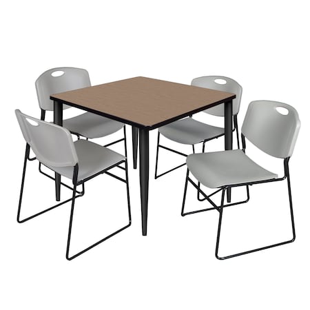 Regency Square Kahlo Breakroom Table W/ 4 Zeng Stack Chairs, 42 in W, 42 in L, Noble Oak TPL4242NOBK44GY