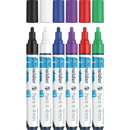 Schneider Pen Paint-It 320 Acrylic Markers, 4 mm Bullet Tip, Wallet, 6 Assorted Ink Colors 120295