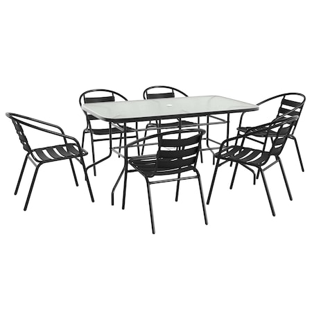 Flash Furniture 7PC Patio Set-55" Glass Table, 6 Black Chairs TLH-089REC-017CBK6-GG