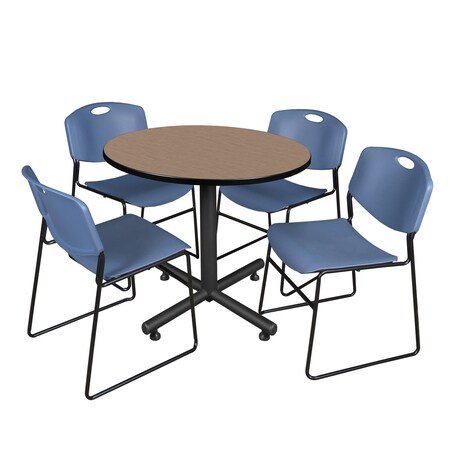 Regency Round Kobe Breakroom Table W/ 4 Zeng Stack Chairs, 42 in W, 42 in L, Noble Oak TKB42RNDNO44BE