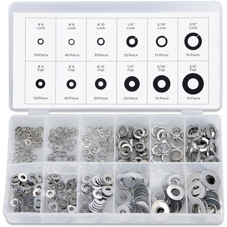 Neiko Stainless Steel Lock and Flat Washer Assortment, 350 Piece Set, 12 Different Sizes 50400A