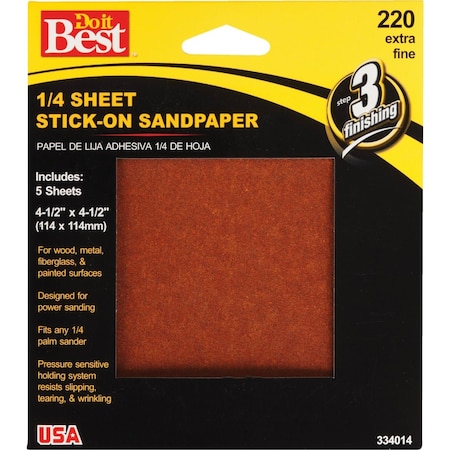 Do It Best Stick-On 220 Grit 1/4 Sheet Power Sanding Sheet, 5PK 334014GA