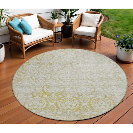 Homeroots 8' Gold Round Damask Washable Indoor Outdoor Area Rug 607700