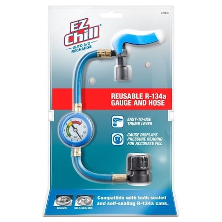 A/C Recharge EZ Chill Gauge and Hose, Reusable, Blue, For R134a Sealed and SelfSealing Cans EZC110-4