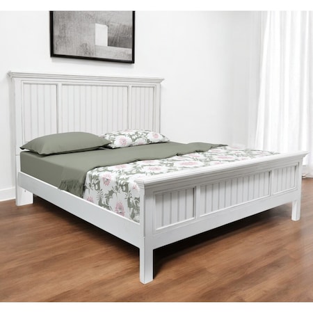 Homeroots White Carved Geometric Distressed Solid Wood Queen Bed Frame 571383