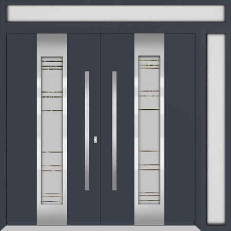 Vdomdoors Metal Double Doors Deux 0757 Gray Graphite Frosted Glass 1 Sidelight and Top Transom Entry Modern P DEUX0757DEXD-GRE-W72+16xH96+14-RH-I