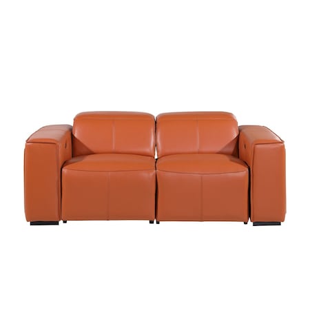 Homeroots 77in Orange and Brown Italian Leather Power Reclining Loveseat With Storage 720547