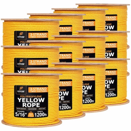 Xpose Safety 5/16in x 1200 ft Twisted Polypropylene Rope, Yellow, 12PK YPR516-1200-12-X