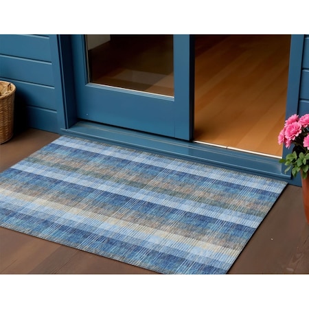 3' X 5' Denim Blue Sky Blue And Beige Plaid Washable Indoor Outdoor Area Rug