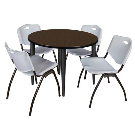 Regency Round Kahlo Breakroom Table W/ 4 M Stack Chairs, 42 in W, 42 in L, Neo Walnut TPL42RNDNWBK47GY