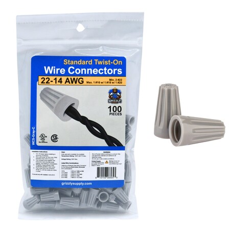 Grizzly Supply Standard Screw-On Wire Connector, 22-14 AWG, 300V, Thermoplastic, Gray 100PK WCS-Gray-C