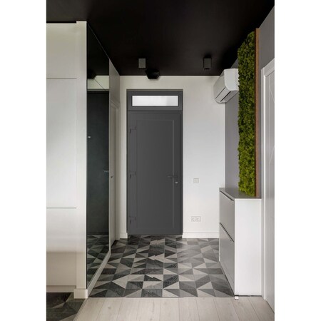 Vdomdoors Front Exterior Prehung Metal-Plastic Door, Manux 8111 Antracite Grey, Top Sidelite Transom, Office MANUX8111EXD-ANT-W36xH80+14-RH