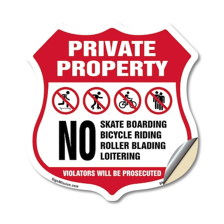Signmission Private Property Shield Sign No Skateboa, 12 Inch X 12 Inch, Vinyl Decal SHI-D-12-442