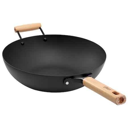 Oster Northcliffe 13.5 Inch Round Carbon Steel Flat Base Wok with Wooden Handles 143757.01