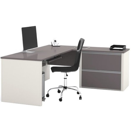 Bestar L Shaped Desk L-Shape Workstation, 82.9" D X 30.4" H, 71.1" W X Melamine, Slate/Sandstone 93862-59