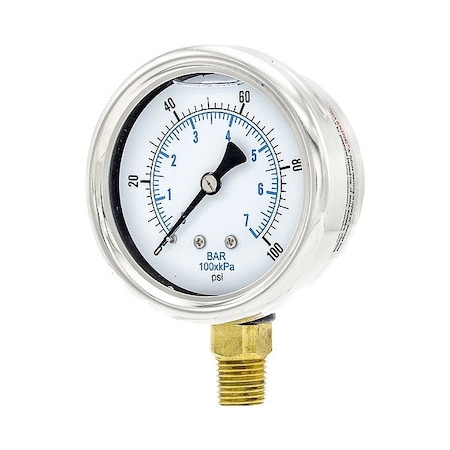 Zoro Select Pressure Gauge, 1/4 in NPT, Bottom Location 211L-254H