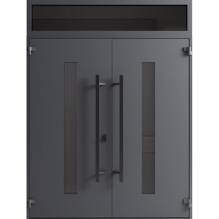 Vdomdoors Front Exterior Prehung Aluminum Double Doors Ronex0130 Grey Top Transom Mirrored Clear Glass Top RONEX0130DEXD-GRE-W72xH80+14-LH-I