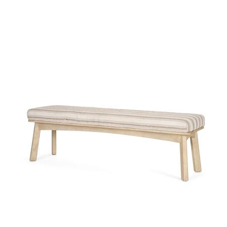 Homeroots 62in Beige Cream and Brown Striped Cotton Blend and Solid Wood Upholstered Bench 606748