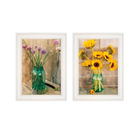 Homeroots Set Of Two Country Sunflowers and Chives 1 White Framed Print Wall Art, 2PK 407903