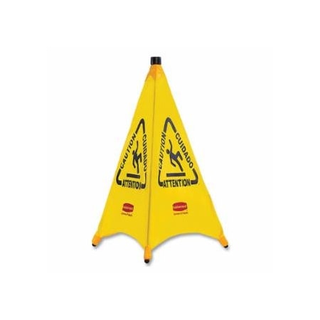 Rubbermaid Commercial Floor Pop-Up Safety Cones, Caution (Multi-Lingual)/Wet Floor Symbol, Yellow, 30 in 640-FG9S0100YEL