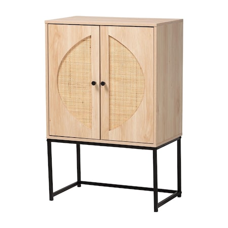 Baxton Studio Ardon Bohemian Light Brown Finished Wood and Black Metal 2-Door Storage Cabinet with Natural Rattan 196-12077-ZORO