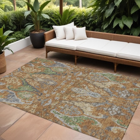 Homeroots 9' X 12' Copper Green And Beige Floral Washable Indoor Outdoor Area Rug 605281