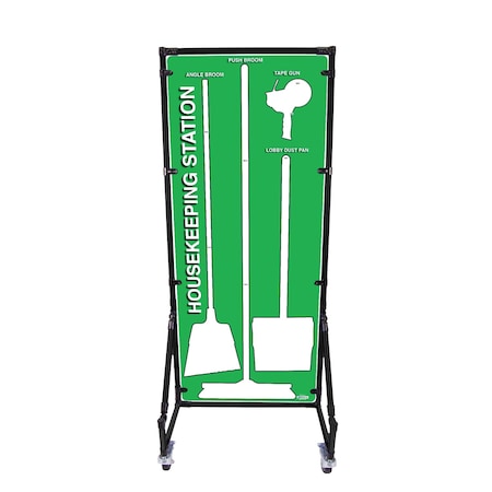 5S Supplies Housekeeping Shadow Board Broom Station V7, Green / White, Kit + Stand HSB-V7-GREEN/WHITE-KIT-STAND