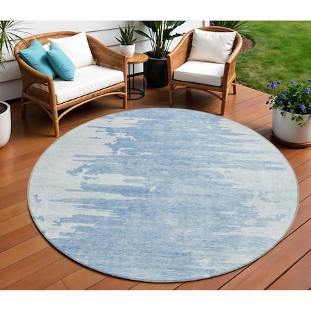 Homeroots 8' Sky Blue And Denim Blue Round Abstract Washable Indoor Outdoor Area Rug 582436