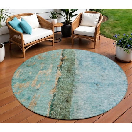 Homeroots 8' Blue And Gold Round Abstract Washable Indoor Outdoor Area Rug 578012