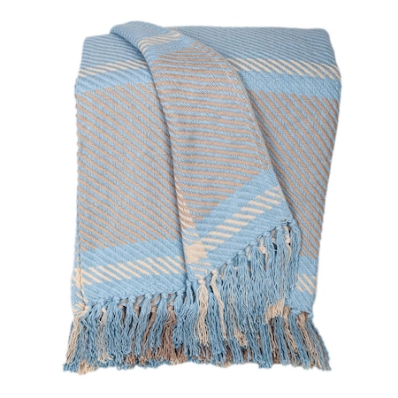 Homeroots 50" X 60" Blue Gray and Beige Woven Cotton Plaid Throw Blanket with Fringe 548943