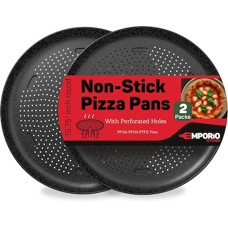 Emporio Kitchen Non-Stick Pizza Pan, 13in Carbon Steel, Perforated, White Marble Coating, Oven Safe, 2PK EKPIZP22MRX