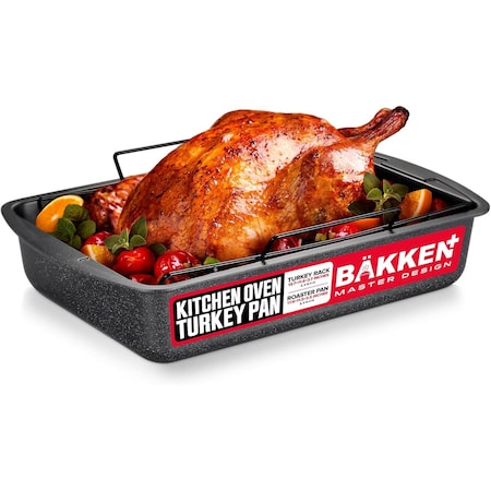 Bakken- Swiss BAKKEN 17x13in. Nonstick Roasting Pan with Rack, Carbon Steel, Oven Safe, 450 DegF, Gray Marble BKTURKYP4