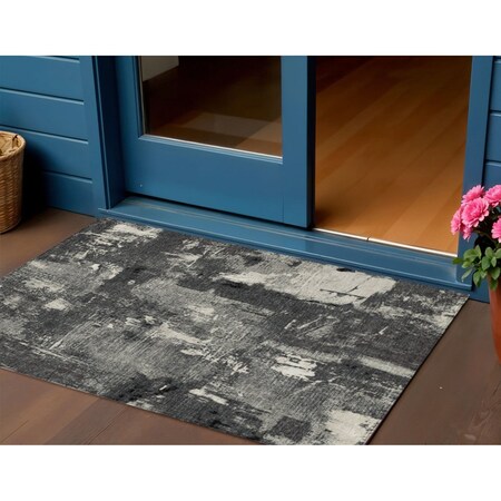Homeroots 3' X 5' Black Gray And Ivory Abstract Washable Indoor Outdoor Area Rug 596842
