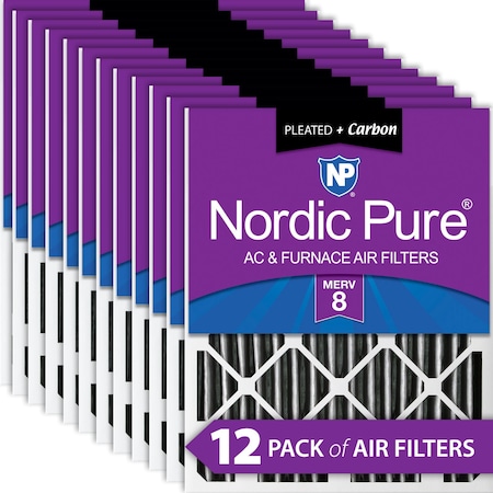 Nordic Pure 16x25x2 Plus Carbon Pleated Air Filter, High Capacity, MERV 8, 12 PK 16x25x2PM8C-12