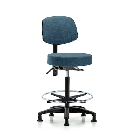 Blue Ridge Ergonomics Bench Stool, Hi, Fabric, Bk, CF, Glides, Blu, Material: Chrome, Polyurethane Foam BR-FHBST-RG-T0-CF-RG-F43