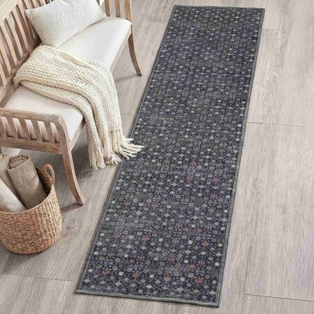 Jonathan Y Petunia Distressed All-Over Floral Border Non-Slip Washable Charcoal/Red 2ft x 8ft Runner Rug PTN102B-28