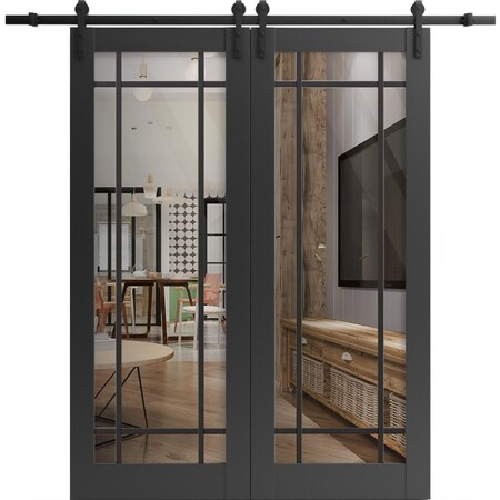 Sartodoors Sturdy Double Barn Door with Clear Glass, Lucia 2266 Matte Black and Aluminum Strips, 13FT Rail Ha LUCIA2266DB-BLK-36 x 84 (2* 18x84)