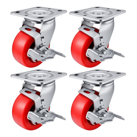 Hyw Products Heavy Duty Caster Set 4in Polyurethane on Plastic Wheels, 4 Swivel with Brake, 4PK 40-40S-A1-PU-TB-4