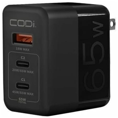 Codi 65W GaN Triple Port Wall Charger, USB-C & USB-A Outputs A01106