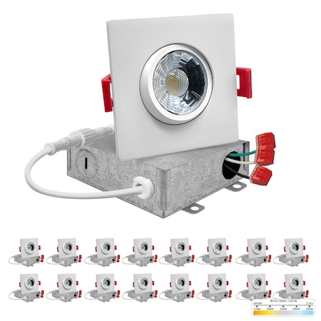 Nuwatt 3 Inch LED Square Gimbal Recessed Lighting, Canless Downlight 2700K-5000K Selectable, 16PK NW-GMB-3-5CT-WH-SQ-16P